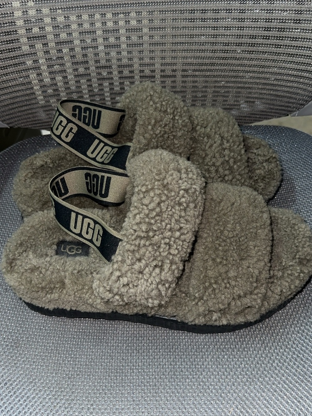 UGG Olive Green Shearling Slide Sandal with Branded Elastic Strap